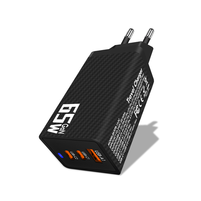 2025 Hot Sale 3 Port 65W GaN Charger-Wall Power Adapter with USB Type-C PD 3.0 & OTP Protection for Laptop