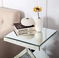 Table en miroir avec cristaux écrasés, incrustation carrée, Table d'appoint moderne, Table d'accent argentée