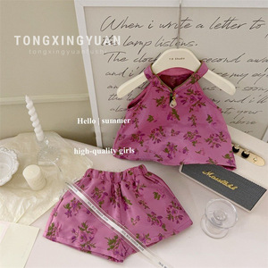 Tongxingyuan Girls Summer Chinese Style Floral Vest Shorts Set Cotton Satin Thin Fabric Children Outfits - Product Image 4