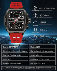 SANDA 6299 Montre pour homme en forme de tonneau à double affichage, plusieurs fuseaux horaires, alarme, montre-bracelet électronique multifonctionnelle étanche - Product Image 2