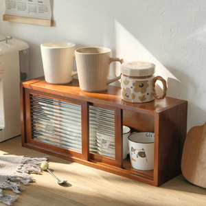 Retro Solid Wood Storage Cabinet With Frosted Glass Door Desktop Organizer For <b>Teacups</b> And Cosmetics - Product Image 1