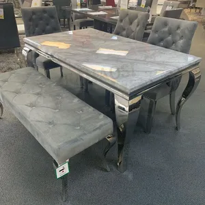 Dining room furniture grey marble dinner table chromed shiny furnishing stainless steel dining table set dining tables