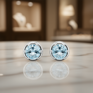 Orecchini a Perno Classici in Argento 925 con Topazio Blu, Montatura Rotonda a Griffe, per Uso Quotidiano Femminile - Product Image 2