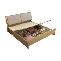 Holzbettgestell mit gepolstertem Kopfteil, Plattformbett aus hellem Eichenholz mit Latten, moderne minimalistische Schlafzimmermöbel, Queen-Size