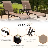 Ensemble chaise de salon ajustable 3 pièces Textiline Chaises inclinables pliables en métal pour l'extérieur avec dessus en verre Table de bistro