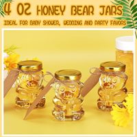 Bocaux à miel en verre en forme d'ours de 4 oz avec couvercles dorés, pendentifs d'abeilles dorés supplémentaires, cuillère en plastique transparente, étiquettes en papier kraft, ficelle pour baby shower