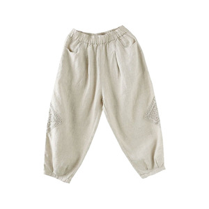 Cotton Linen Lantern Pants With Embroidered Pocket Loose Casual Summer Women's Cropped Pants Natural Hemp Khaki - Product Image 5