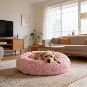 Luxe op maat gemaakte katten- en hondenbedden, wasbaar, zacht, pluizig kussen, effen patroon, rond, pluche dierenbed voor honden en katten - Product Image 2