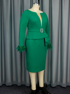 AOMEI-<span class=keywords><strong>Robe</strong></span> de <span class=keywords><strong>cocktail</strong></span> pour femme, col en V, manches longues, avec ceinture, vert <span class=keywords><strong>plume</strong></span> - Product Image 5