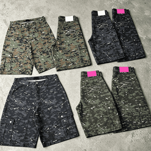 OEM Men Digital Camo Cargo Shorts Back Embroidery Logo Multi Flap Pocket Loose Knee Length Hip Hop Street Denim Bottoms