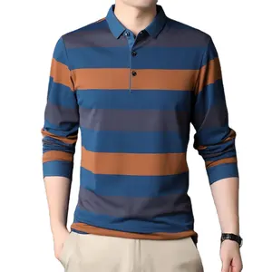 2021 popular Men's round O neck classic fit long Sleeve polo shirts 100% cotton fashion wearing T-shirt leisure stripes shirts