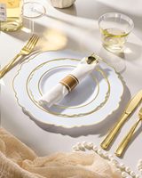 Ensemble de vaisselle jetable en plastique blanc et or, 175 pièces, comprenant 50 assiettes, 25 serviettes pré-roulées avec couverts, 25 gobelets