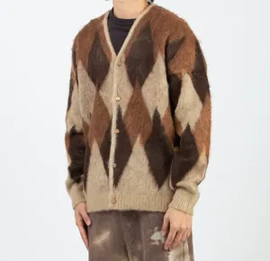2022 OEM/ODM White V Neck Ling Pattern Fashion Vintage Jacquard Fleece Merino Wool Designer Custom Cardigan Sweater For Men