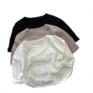 Chemise en coton tricoté unisexe à col rond et manches trois quarts, couleur unie, décontractée, respirante, coupe classique, lavable en machine - Product Image 1