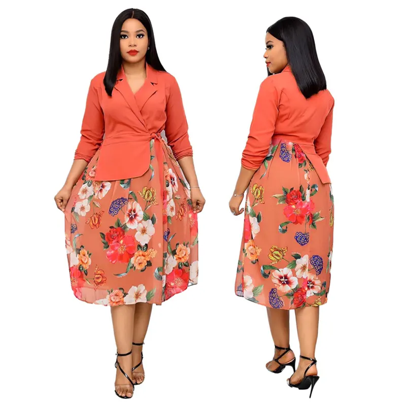 In stock Orange cute africa lady office dress casual floral print dress