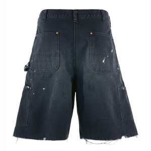 Shorts de Mezclilla Deslavada Negra al por Mayor, Shorts de Mezclilla Desgastada con Doble Rodillera Estilo Carpintero, Shorts para Hombre con Salpicaduras de Pintura, Ropa Urbana, Jorts - Product Image 2