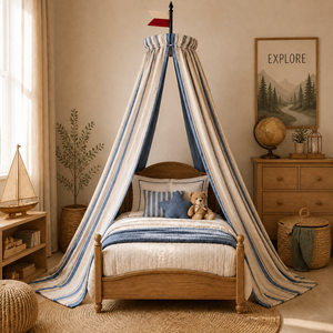 Dosel de Cama Infantil con Rayas Náuticas Estilo Retro Americano, Marco de <span class=keywords><strong>Madera</strong></span>, 100% Algodón, Triangular, con Puerta Individual, Plegable y Portátil - Product Image 5