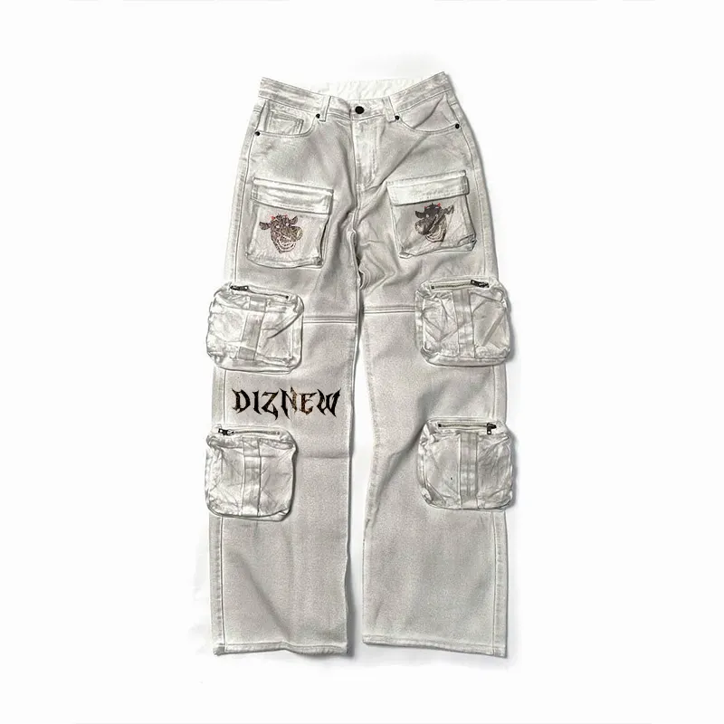 DIZNEW 2024 Spring trendy Beige White do old cargo pants High quality designer custom logo multi pocket pants men