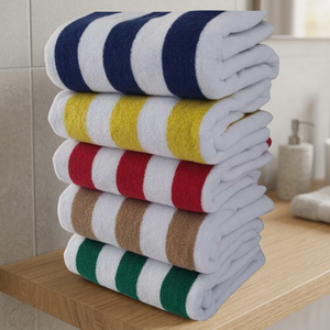 Serviettes de bain compressées élégantes et absorbantes en 80 % coton 20 % polyester à rayures cabana, hypoallergéniques et à séchage rapide, et tapis de bain tissés pour la maison - Product Image 3