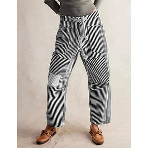 Pantalones de Algodón para Mujer, Estilo Europeo Americano, Cintura Media, Holgados, de Pierna Ancha, con Costuras a Rayas, Bolsillos con Cordón, Diseño Moderno - Product Image 1