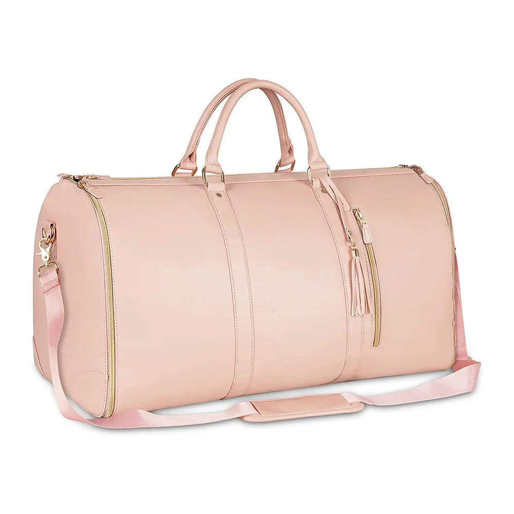 Foldable Women Girl Duffle Travel Bag Waterproof PU Leather Purple Pink Business Garment Travel Bag
