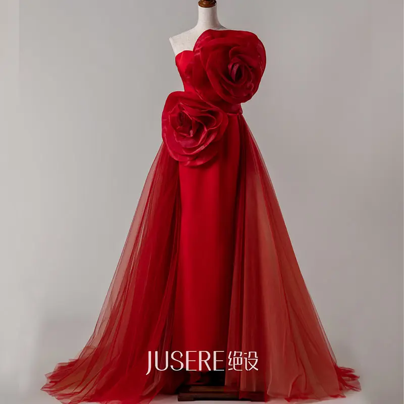 Jusere 2022 تصميم فريد اللباس الرسمي مع الكبيرين الزهور الصناعية مخصص أنيقة الأحمر مساء فساتين طويلة
