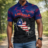 Kaos Polo Zipper Liberia Personalisasi dengan Peta dan Tekstur Bunga Lada, Kaos Kasual Pria Bahan Polyester, Bendera Liberia
