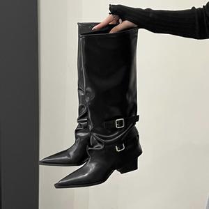 Bottines à talon bloc et bout pointu pour femme, avec boucle, en cuir premium, style western classique, qualité durable - Product Image 5