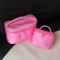 Sac à cosmétiques de grande capacité, sac à main pour femme avec rayures et miroir, durable et portable, essentiel pour les voyages et le rangement du maquillage