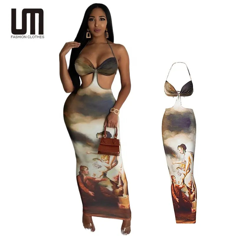 Liu Ming Women Clothing Fashion Summer Hollow Out Print Halter Open Back Maxi Dress