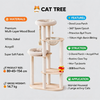 Arbre à chat en bois de luxe classique 154 cm, tour à chat moderne, capsule spatiale, double perchoir, 2 niveaux, jouet interactif, griffoir d'activités