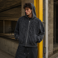 Sweat à capuche zippé personnalisé en molleton bouclette 460 GSM pour homme, 100 % coton, délavé à l'acide, avec appliqué, coupe carrée, court, oversize, style vintage streetwear, OEM ODM