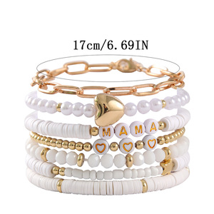 Conjunto de pulseras para el día de la madre, 7 piezas, colgante de corazón con letras de arcilla polimérica, joyería apilable, regalo para mujer, tono oro blanco - Product Image 4