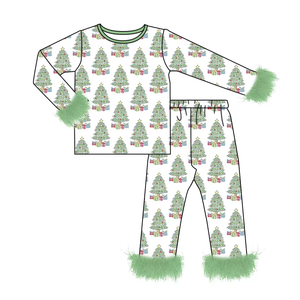 Conjuntos de pijamas navideños para niñas, pantalones de manga larga con estampado navideño y ribete de piel, ropa de dormir suave y acogedora para invierno - Product Image 5