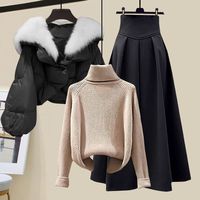 Ensemble 3 Pièces Tendance pour Femme : Manteau en Coton Doublé avec Col en Laine, Style Coréen Automne-Hiver pour Étudiantes, Robe Décontractée en Laine