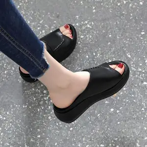 Flat Slippers Round Toe wedge Sandals High Heel Open Toe Platform Sandals Woman Beach Slippers Black white