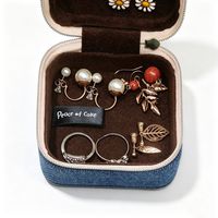 Porte-monnaie carré vintage compact avec fermeture éclair, en tissu denim bleu texturé, boîte à bijoux avec patch en cuir PU blanc