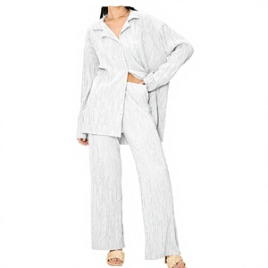 Ensemble chemise élégante 2 pièces pour femme en Spandex/Polyester à rayures, coupe classique, manches longues, col rond, décontracté, automne, longueur cheville - Product Image 2