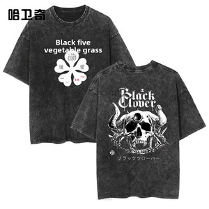 เสื้อยืดวินเทจสไตล์สตรีทฮิปฮอป ลายอนิเมะ โคลเวอร์สีดำ  ลำลอง ผ้าฝ้าย 100% ระบายอากาศได้ดี ทรงหลวม ใส่สบายสำหรับฤดูร้อน - Product Image 1