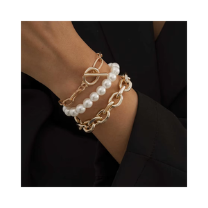 <b>Gold</b> Plated French Baroque Beaded Bracelet <b>Set</b> for Ladies Paperclip Chain with Pearl Beads Thick Chain Jewelry - Product Image 1