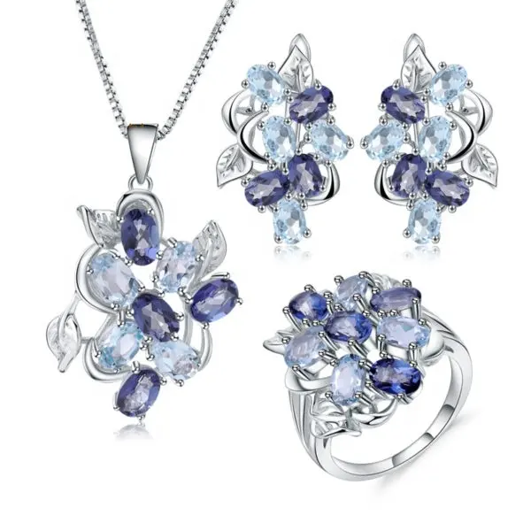 Sky Blue Topaz Mystic Quartz Vintage Jewelry 925 Sterling Silver Leaves Ring Earrings Pendant Sets