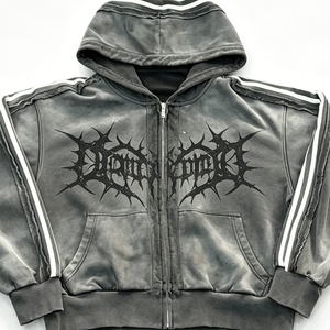 Sudadera con capucha y cremallera para hombre, de pana de algodón, con estampado DTG Kornit personalizado, estilo vintage lavado, con letras de espinas de <span class=keywords><strong>Death</strong></span> Metal, de peso pesado y ecológica - Product Image 1