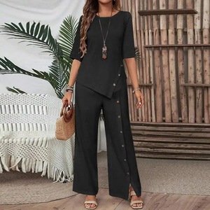 Conjunto de Dos Piezas para <span class=keywords><strong>Mujer</strong></span>, Nuevo Modelo 2026, Top con Botones y Dobladillo Irregular y Pantalones Anchos, Estilo Casual y Holgado - Product Image 1