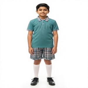 Girls Primary School Uniform Set Teal Plaid <b>Skirt</b> Cotton Woven Polo Shirt With Bow Detailing - Product Image 2