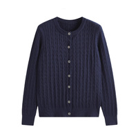 Cardigan en maille pour femme, col rond, boutonné, manches longues, bleu marine, coupe ample, avec logo personnalisé, vente en gros, tricot, manteau uni, haut