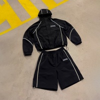 Survêtements en polyester pour hommes, veste coupe-vent réfléchissante personnalisée 3M et ensemble short, ensemble de jogging, ensemble short coupe-vent en nylon noir