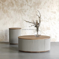Ensemble Table Basse Minimaliste pour Salon, Cadre en Bois, Rayures Enveloppées, Table Centrale Crème avec Tiroirs
