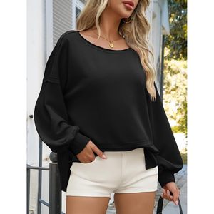 Fisoew Sudadera extragrande para mujer, jersey largo con mangas abullonadas, top negro con cuello redondo y bolsillos, ropa de otoño - Product Image 4