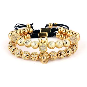 Chất Lượng Cao Sang Trọng CZ Kim Cương 18 Mạ Vàng Bóng Sọ Đầu Phụ Nữ Đàn Ông Macrame Bracelet Set