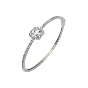 Minimalist Korean 925 Sterling Silver Thin Square Halo London Clear Diamond Bangle Bracelet For Wife/Girl/Friend